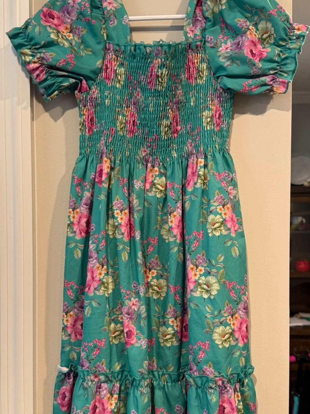 Girls' Teal Floral Smocked Puff-Sleeve Dress